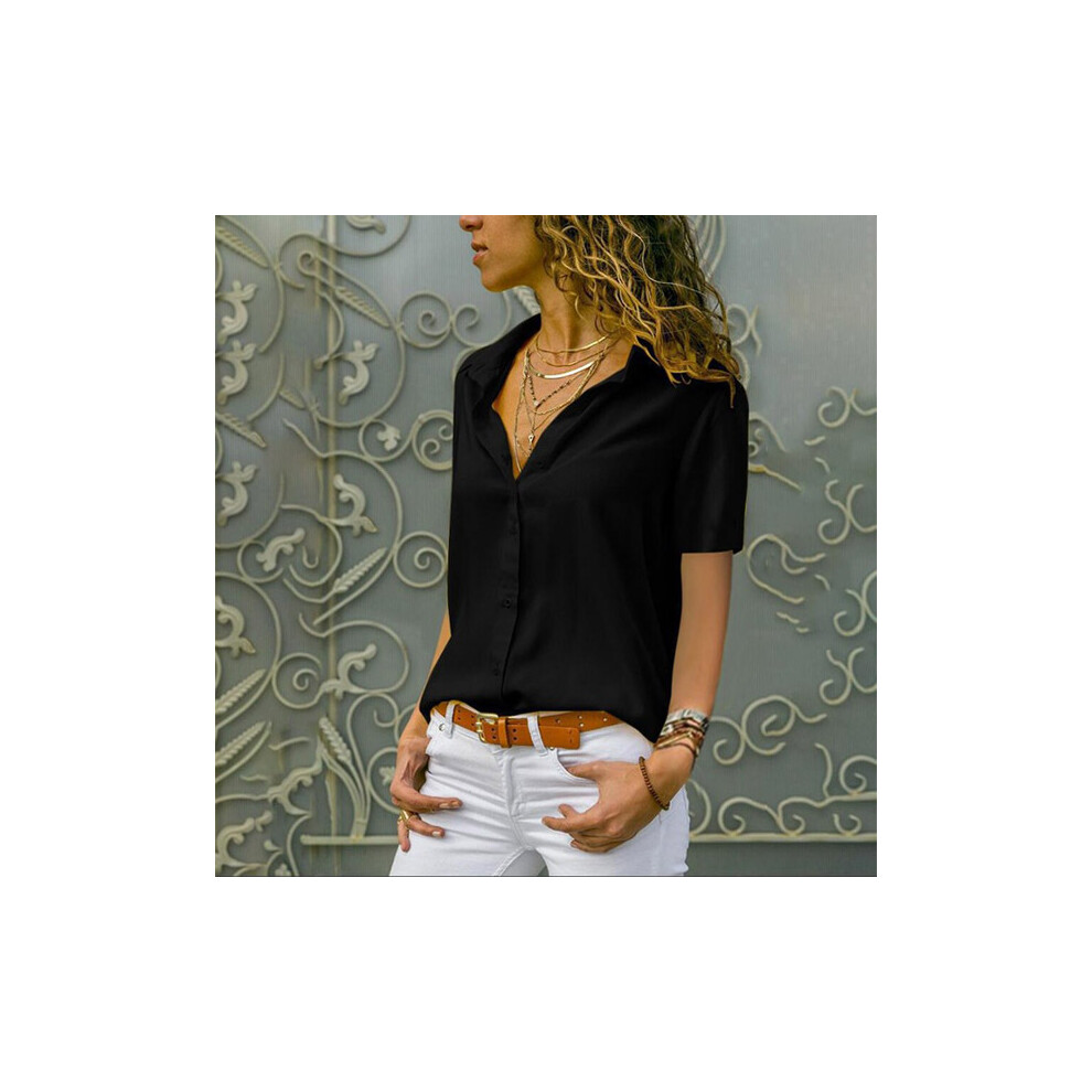 (black, L) Women's Solid Color V-neck Button Short Sleeved Shirt Office Lady Red Solid Cardigan Blouse Tops Femme Blusas Camicie