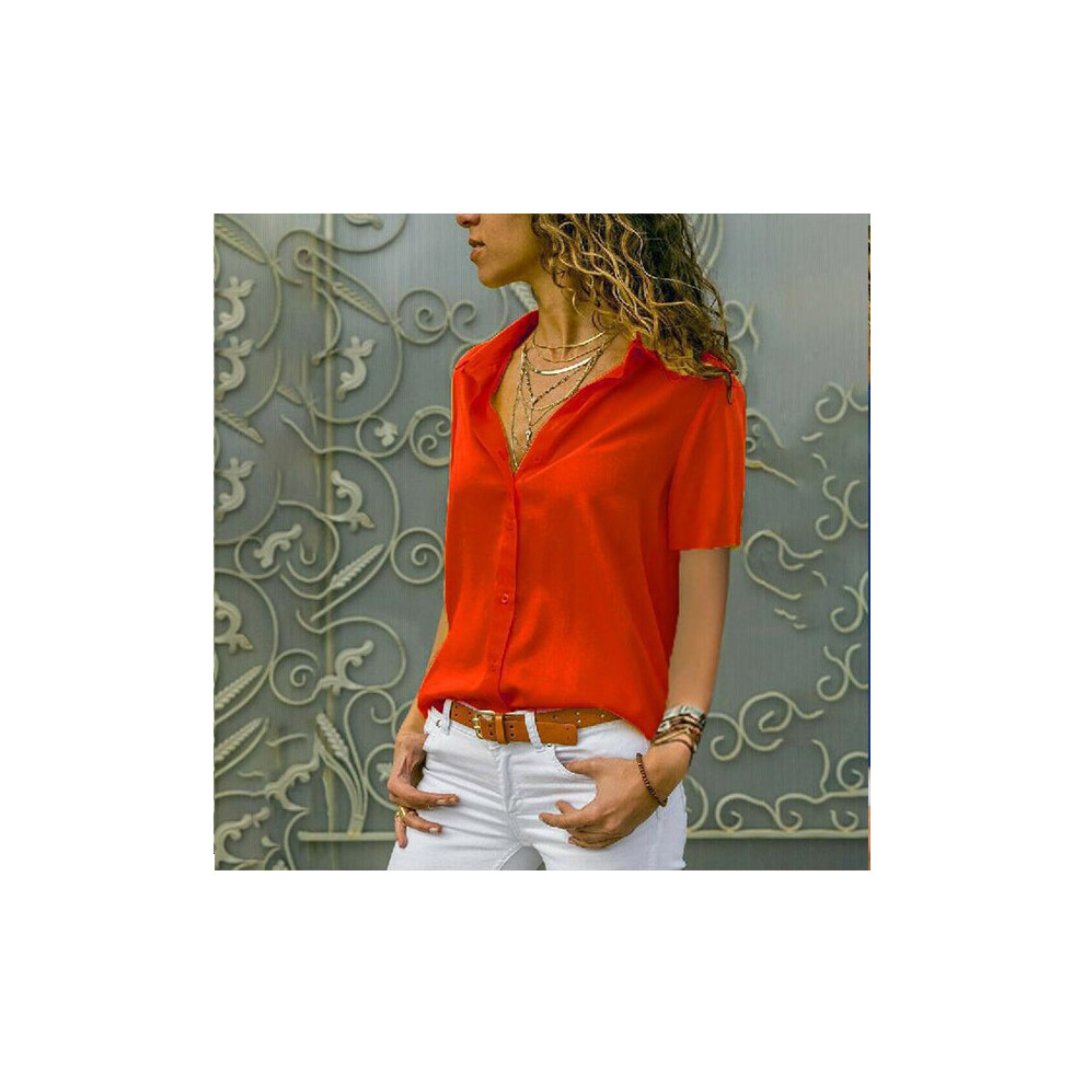 Maxpower (Red, S) Women's Solid Color V-Neck Button Short Sleeved Shirt Office Lady Red Solid Cardigan Blouse Tops Femme Blusas Camicie
