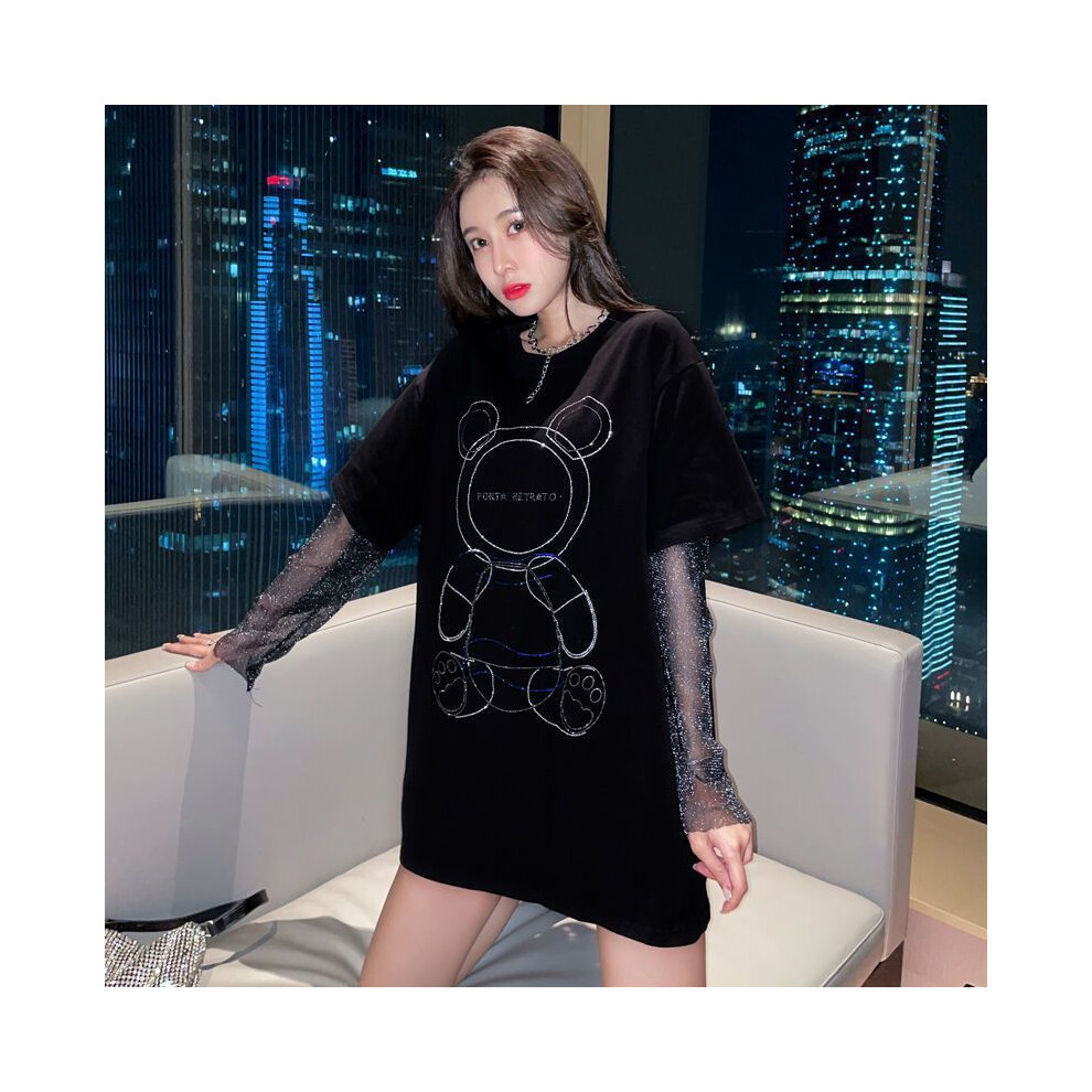 (black, L) Spring Summer Fashion Patchwork Net Yarn Bright Silk Loose Large Size Long Sleeve T-Shirt Women Cartoon Diamonds Trend Tops