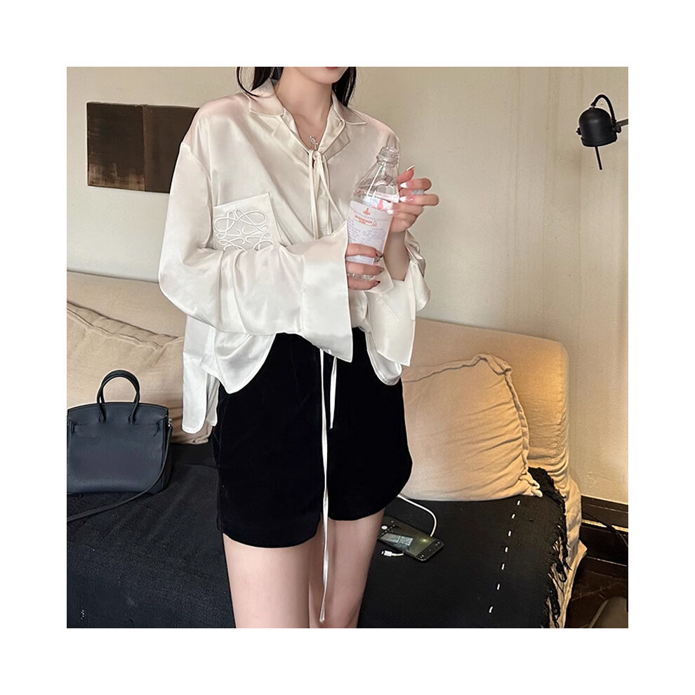 Maxpower (White, S) Jinqian Satin Imitation Acetic Acid Streamer Embroidered Shirt Loose And Thin Lazy Long-Sleeved Top
