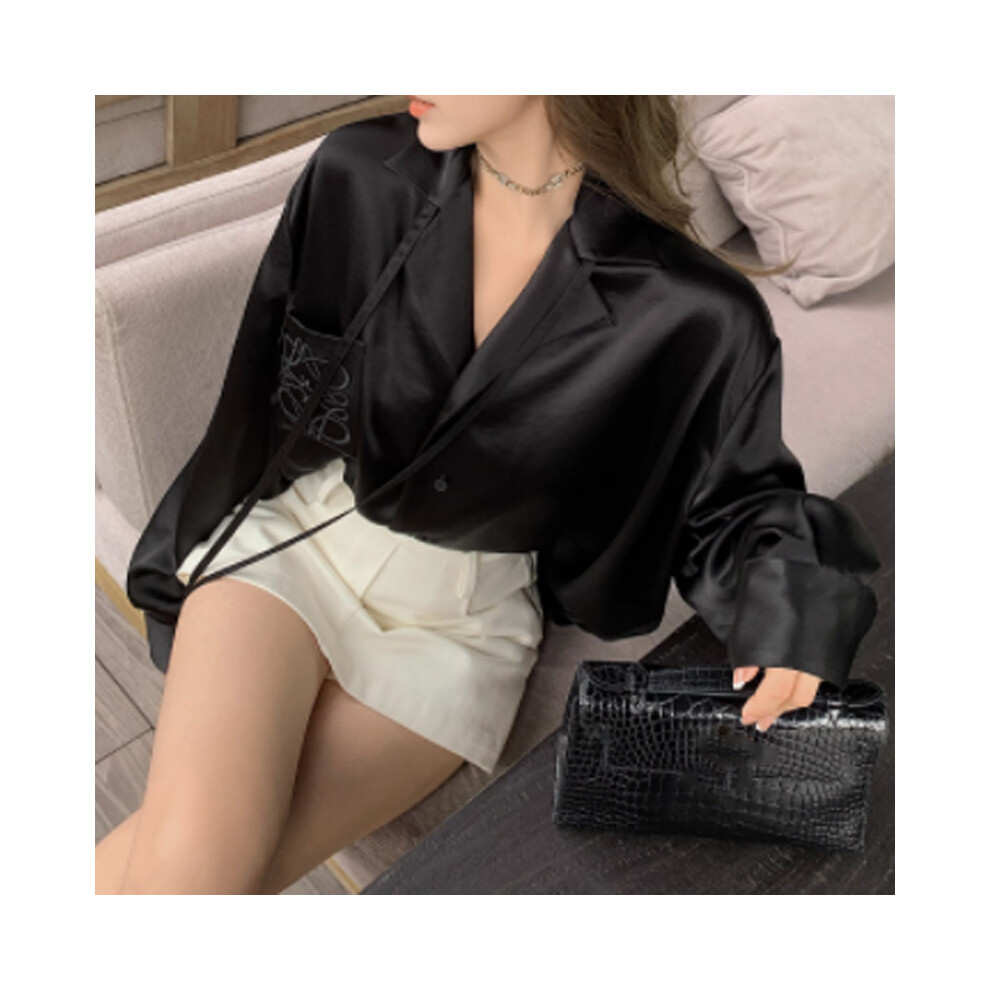 Maxpower (Black, M) Jinqian Satin Imitation Acetic Acid Streamer Embroidered Shirt Loose And Thin Lazy Long-Sleeved Top