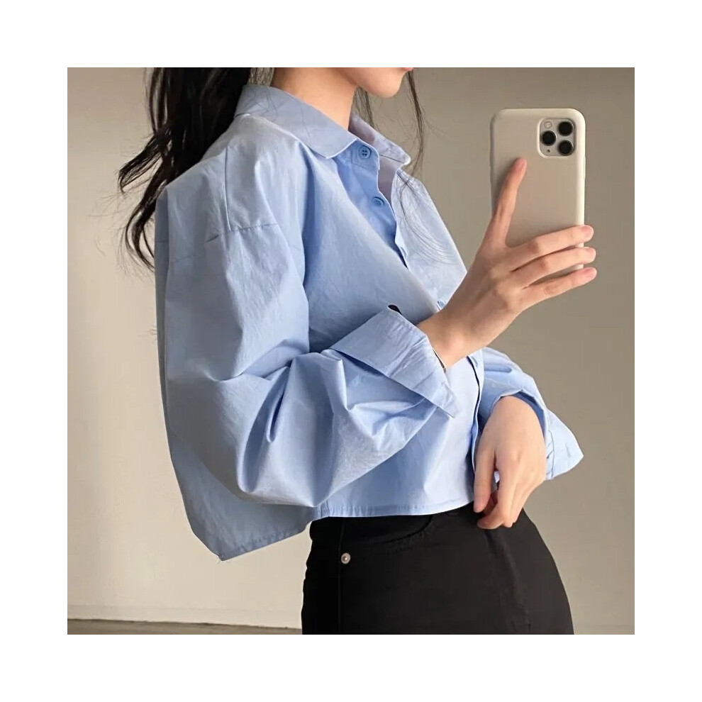 (Blue, 2XL) Spring New Casual Long Sleeve Women White Shirt Korea Style Solid Button Split Woman Crop Tops Blouse Party Clothing