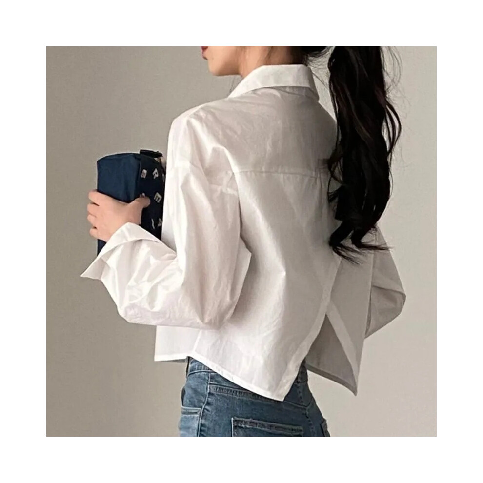 (White, L) Spring New Casual Long Sleeve Women White Shirt Korea Style Solid Button Split Woman Crop Tops Blouse Party Clothing