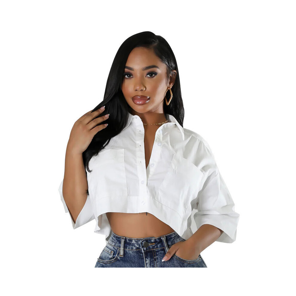 (White, XXL) CM.YAYA Women Half Sleeve V-neck Blouse and Shirt Street Basic Crop Tops   Fashion Casual Summer Leisure Loose Outwear