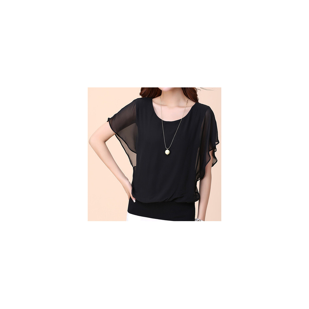 (black, M) New Summer O Neck Short Sleeve Loose Fashion Chiffon Shirt For Women Top Black Casual Shirts Women Clothes