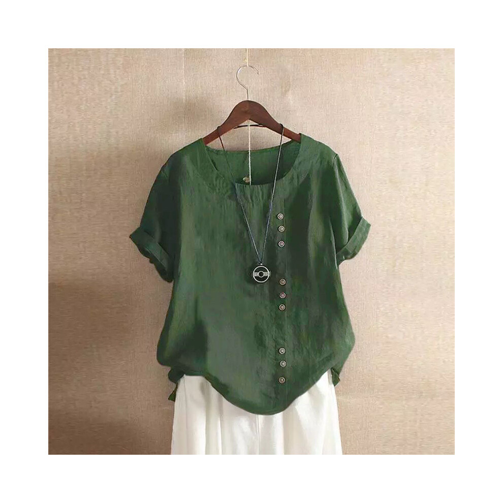 (Army Green, 2XL) Women Cotton Linen Button Blouse Summer Female O-Neck Short Sleeve Solid Shirt Tops WYLP-M03