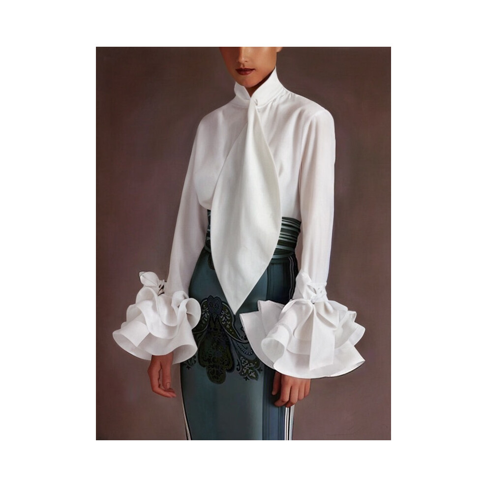 (White Blouse, M) Krisstarsgirls Flared Sleeves Women Shirt  New Fashion Long Sleeves Falbala Simple Vintage Original Blouses Tops for Female
