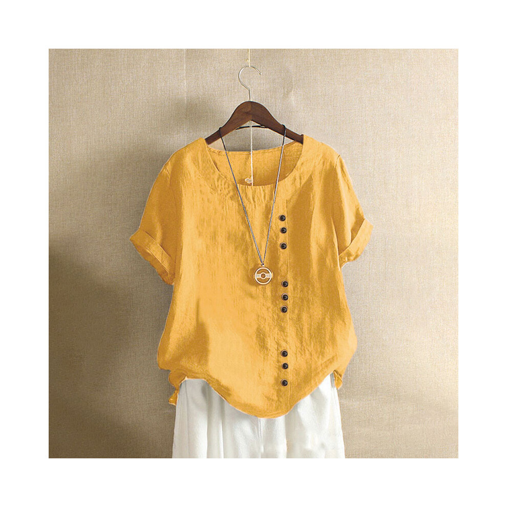 (Bright Yellow, S) Women Cotton Linen Button Blouse Summer Female O-Neck Short Sleeve Solid Shirt Tops WYLP-M03