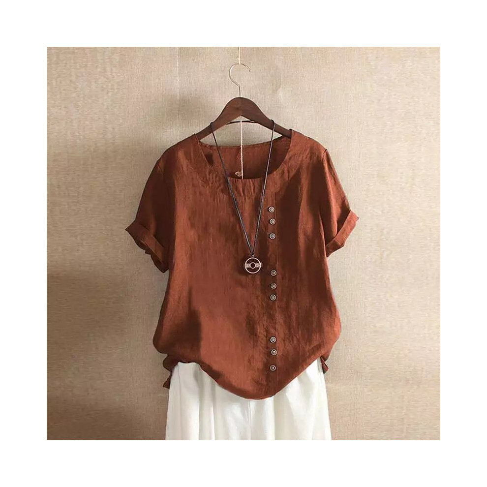 (Brown, 5XL) Women Cotton Linen Button Blouse Summer Female O-Neck Short Sleeve Solid Shirt Tops WYLP-M03