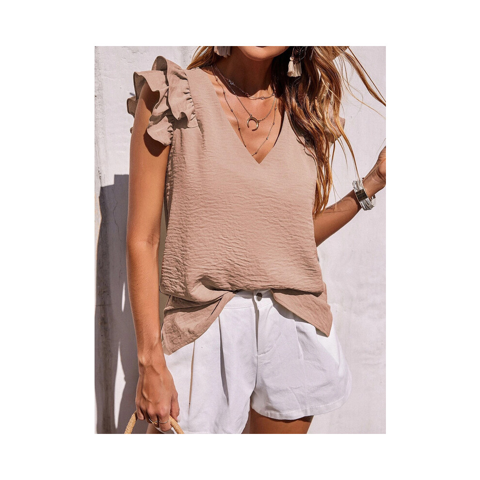 Maxpower (Apricot, Xl) Summer Women's Elegant Casual V-Neck Solid Office Ruffled Top Lotus Leaf Sleeves Shirt For Women
