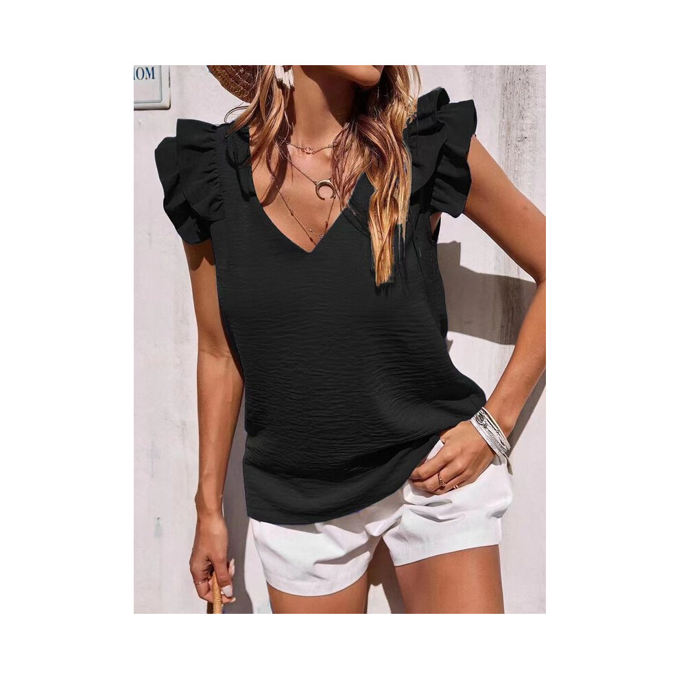 Maxpower (, Xxl) Summer Women's Elegant Casual V-Neck Solid Office Ruffled Top Lotus Leaf Sleeves Shirt For Women Black