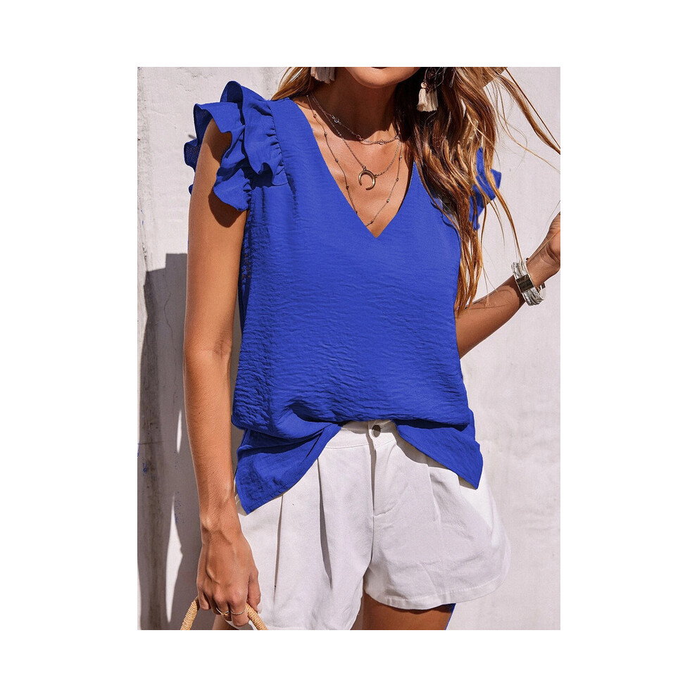 Maxpower (, Xxl) Summer Women's Elegant Casual V-Neck Solid Office Ruffled Top Lotus Leaf Sleeves Shirt For Women Blue