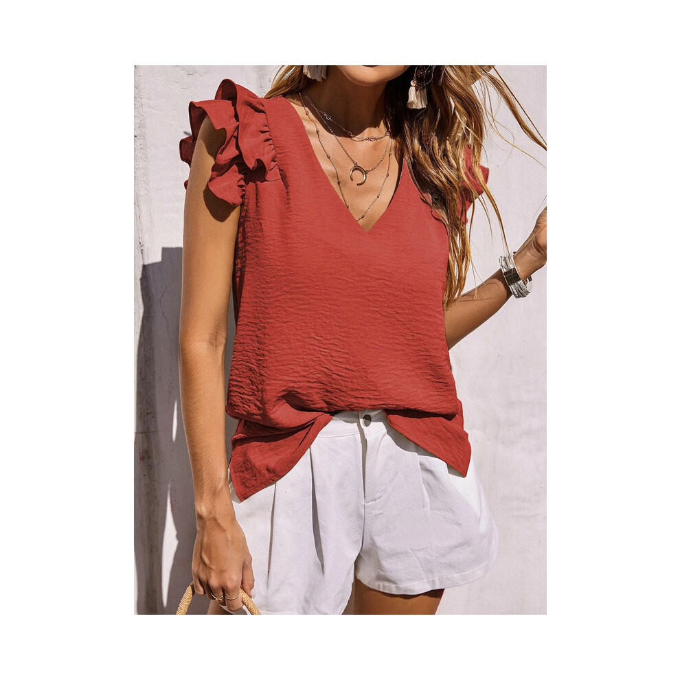 Maxpower (Dark Xl) Summer Women's Elegant Casual V-Neck Solid Office Ruffled Top Lotus Leaf Sleeves Shirt For Women Red