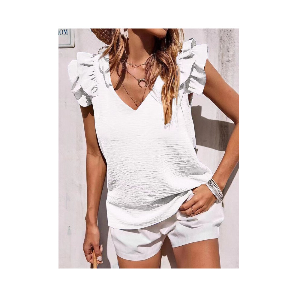 (White, L) Summer Women's Elegant Casual V-neck Solid Office Ruffled Top Lotus Leaf Sleeves Shirt for Women-image-OPC-PG8YMQ7-NEW