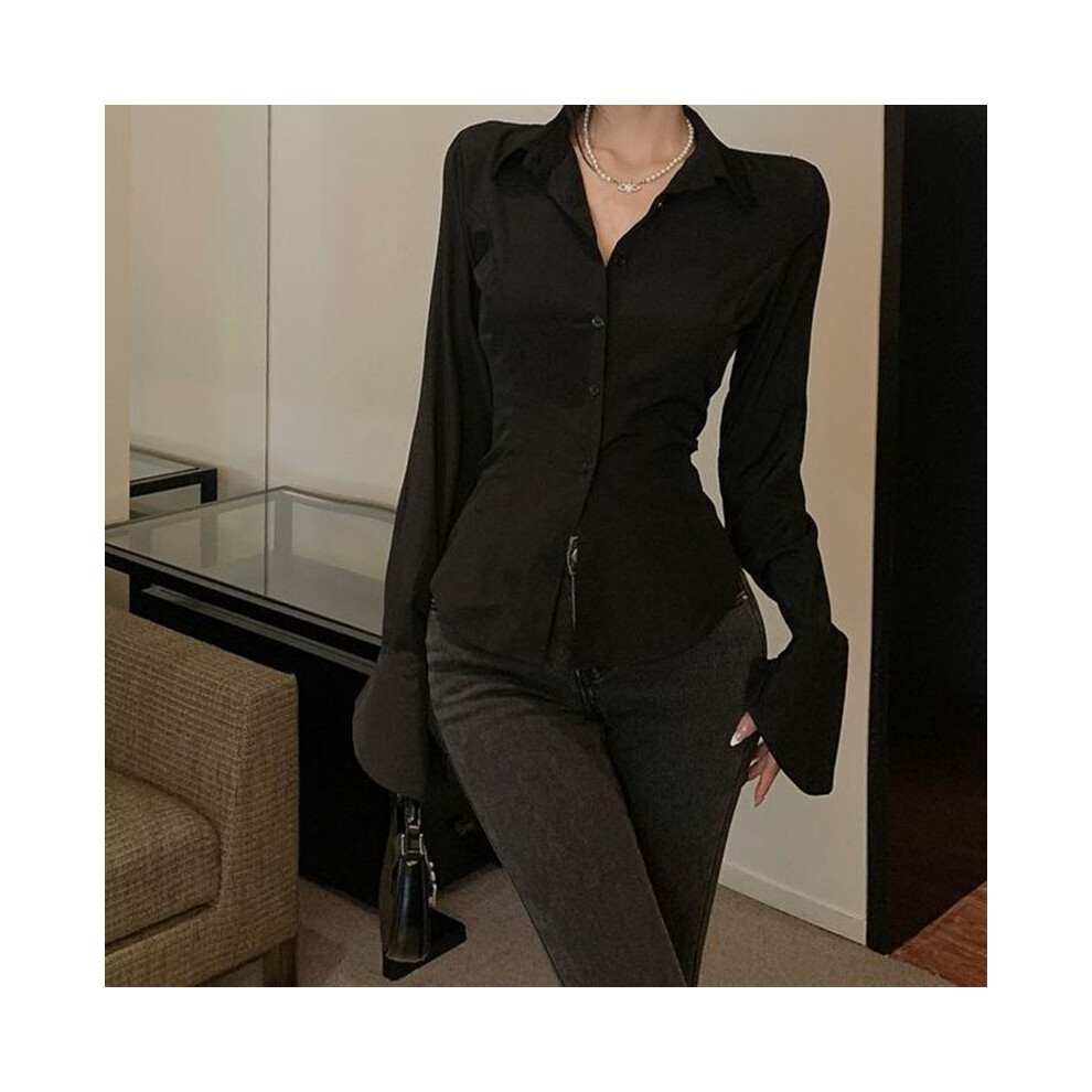 (black, L) Black Bell Sleeve Top Vintage Blouses Corset White Shirt Women Long Sleeve Gothic Lolita Flared Korean Style Sexy Blouse