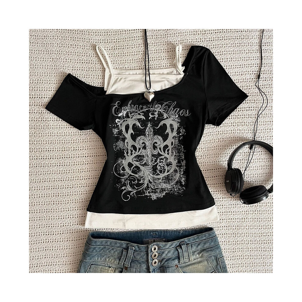 (Black 01, L) Y2k Slim Fit Print Tops Women Off Shoulder Short Sleeve Tee Shirt Neploe American Vintage Fake Two Piece Halter Lace Up T-shirts