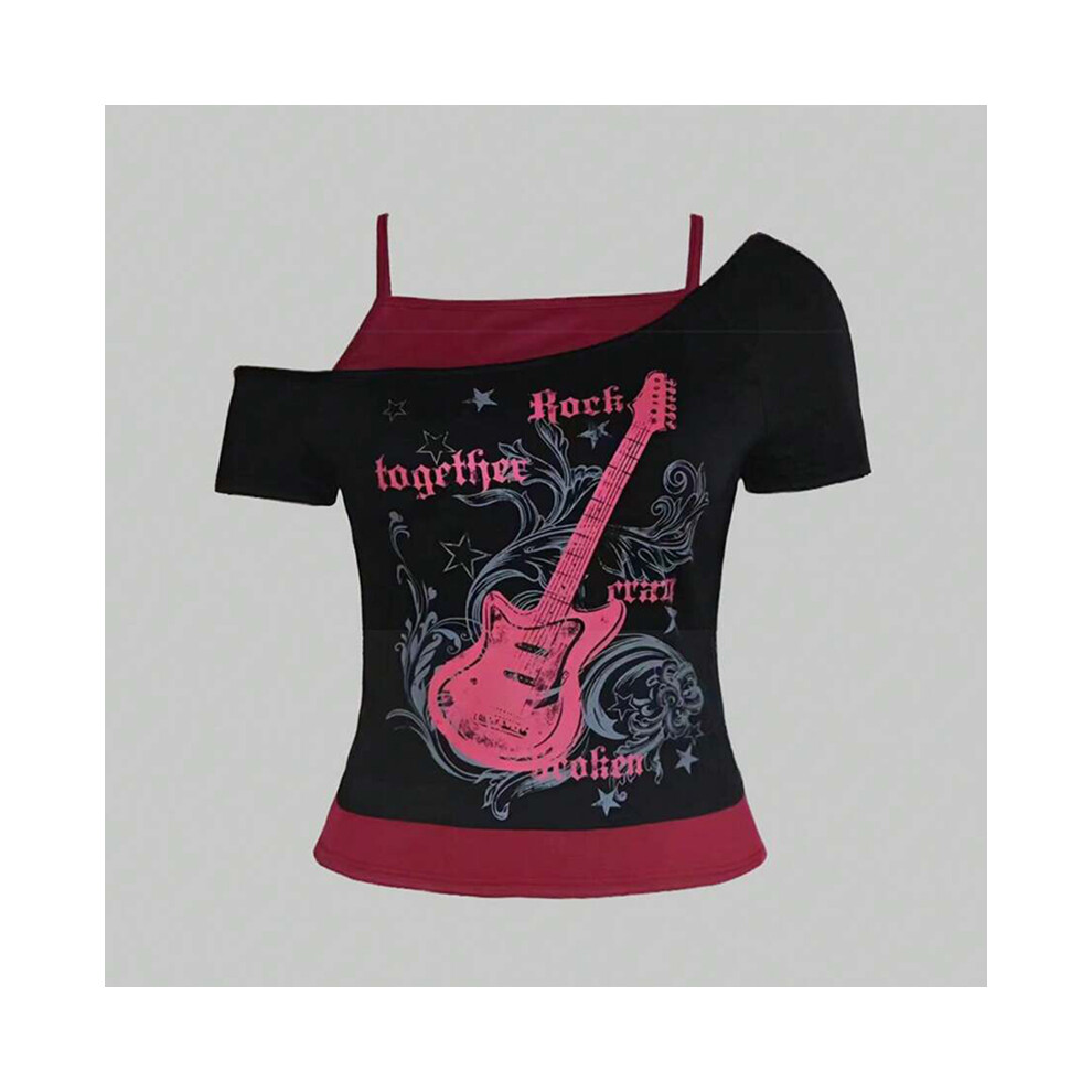 (Black Red, M) Y2k Slim Fit Print Tops Women Off Shoulder Short Sleeve Tee Shirt Neploe American Vintage Fake Two Piece Halter Lace Up T-shirts