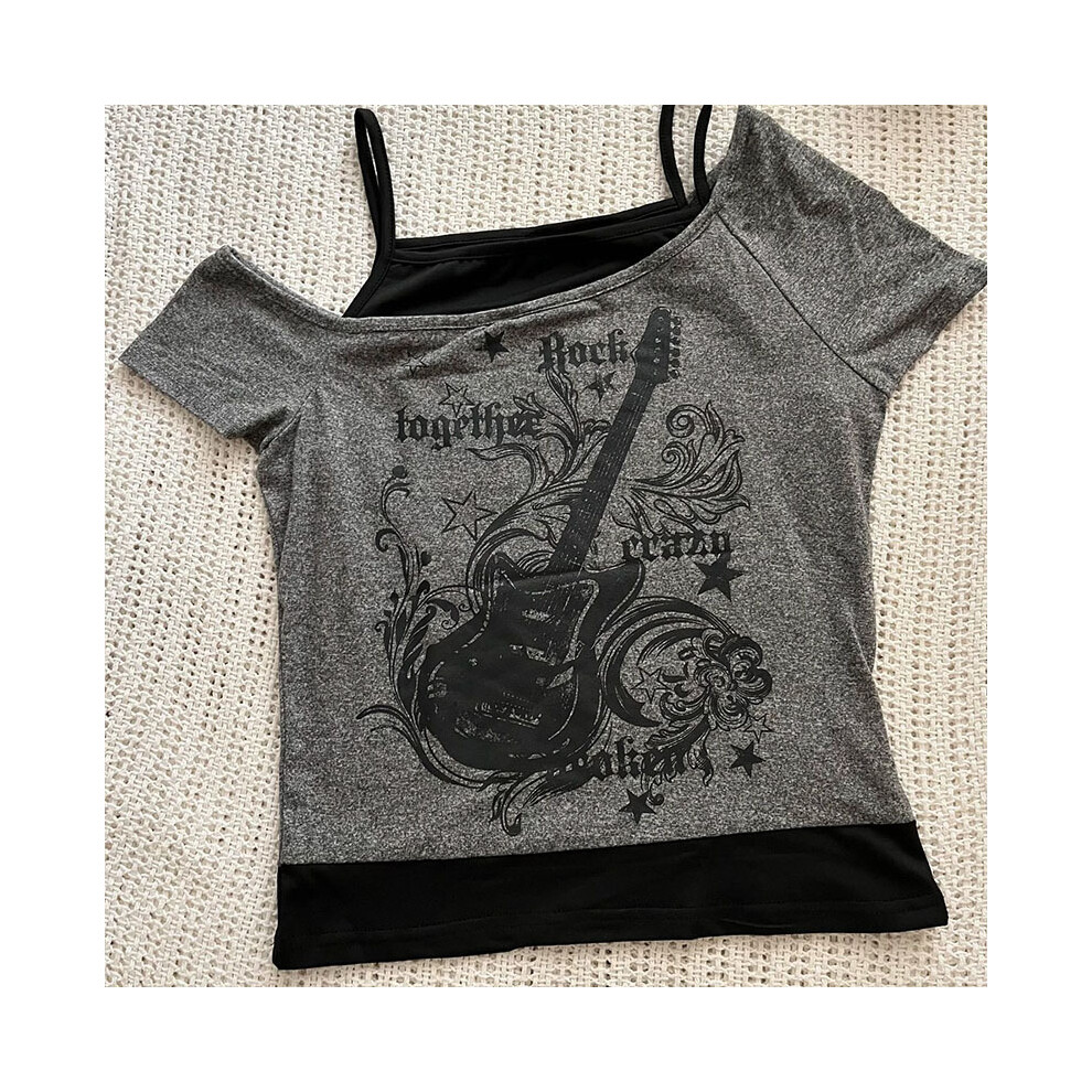 (Grey, M) Y2k Slim Fit Print Tops Women Off Shoulder Short Sleeve Tee Shirt Neploe American Vintage Fake Two Piece Halter Lace Up T-shirts