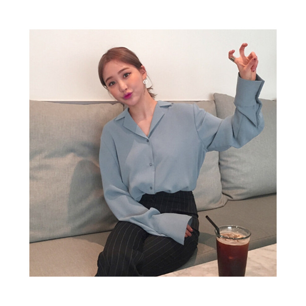 (Blue, L) Womens Tops And Blouses Solid White Blouse Office Shirt Blusas Mujer De Moda  Long Sleeve Blouse Women Shirts Clothes A405