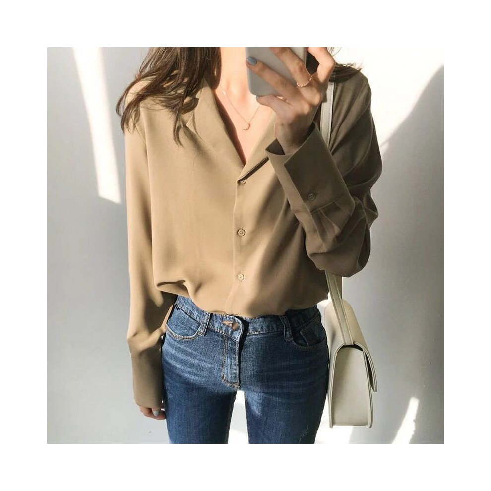 (Khaki, S) Womens Tops And Blouses Solid White Blouse Office Shirt Blusas Mujer De Moda  Long Sleeve Blouse Women Shirts Clothes A405