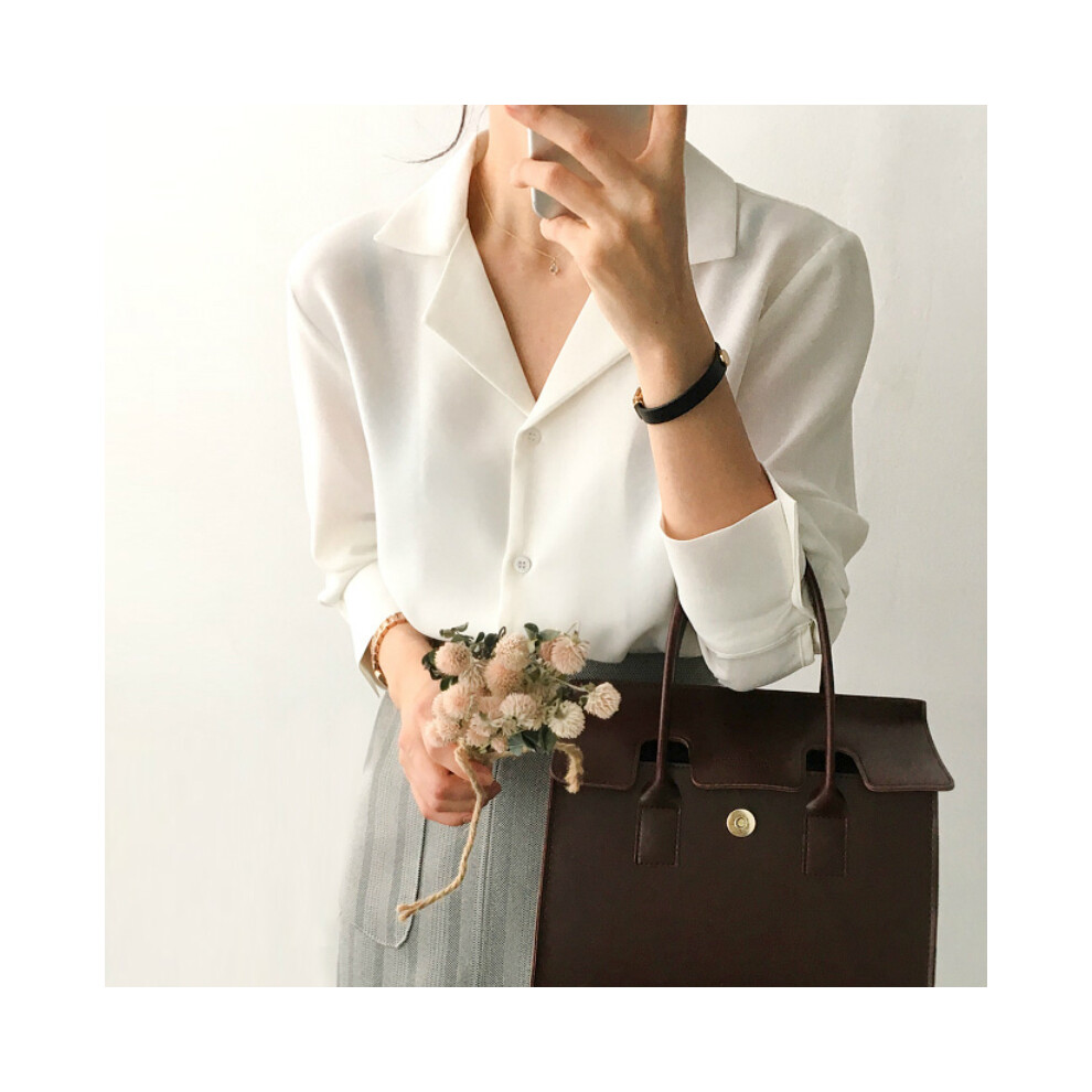 (WHITE, M) Womens Tops And Blouses Solid White Blouse Office Shirt Blusas Mujer De Moda  Long Sleeve Blouse Women Shirts Clothes A405