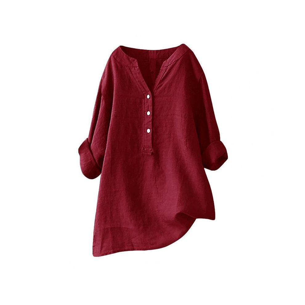 (Wine Red, XL) Women Casual Shirt V-Neck Buttons Half Placket Long Sleeve Blouse Solid Color Loose Fit Tunic Tops Office Lady Shirt