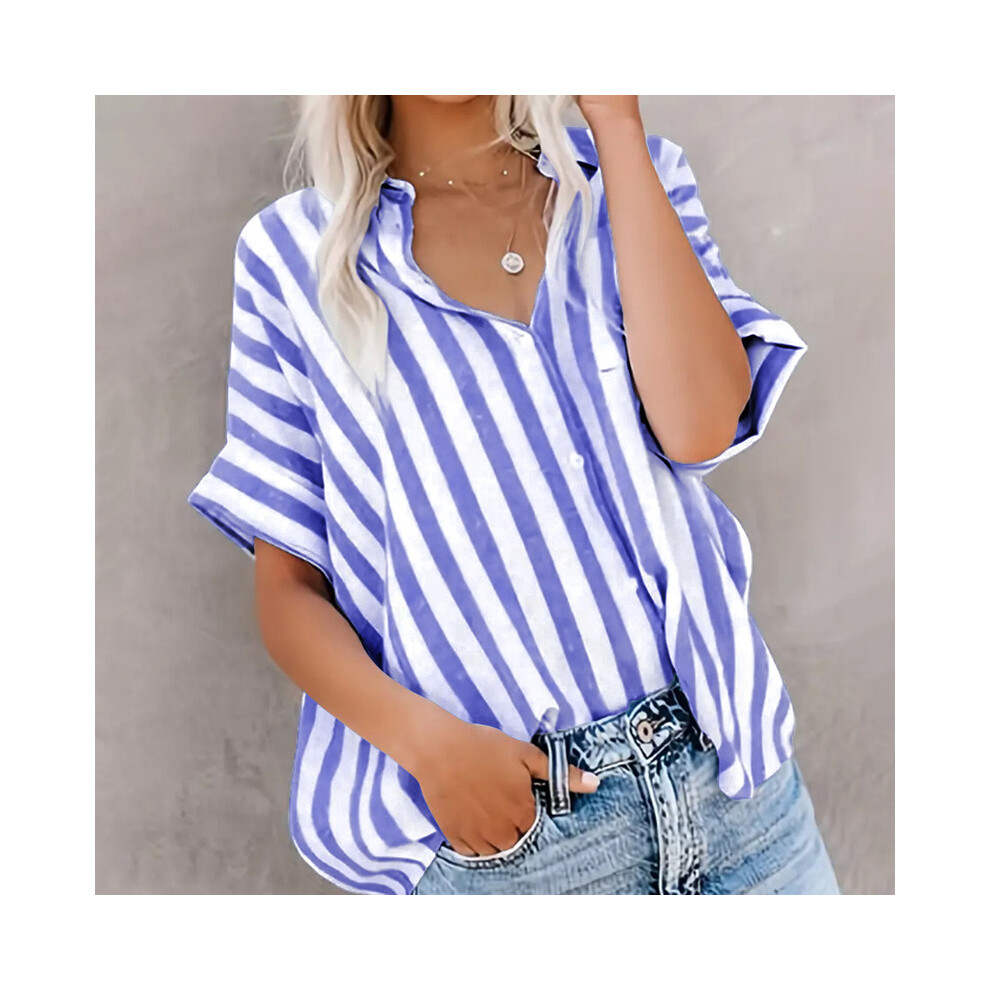 (Blue, XL) Tops Casual Loose Striped Short-sleeve Shirt For Women Summer Fashion Button Elegant Office Holiday Top Shirts Womens Clothing