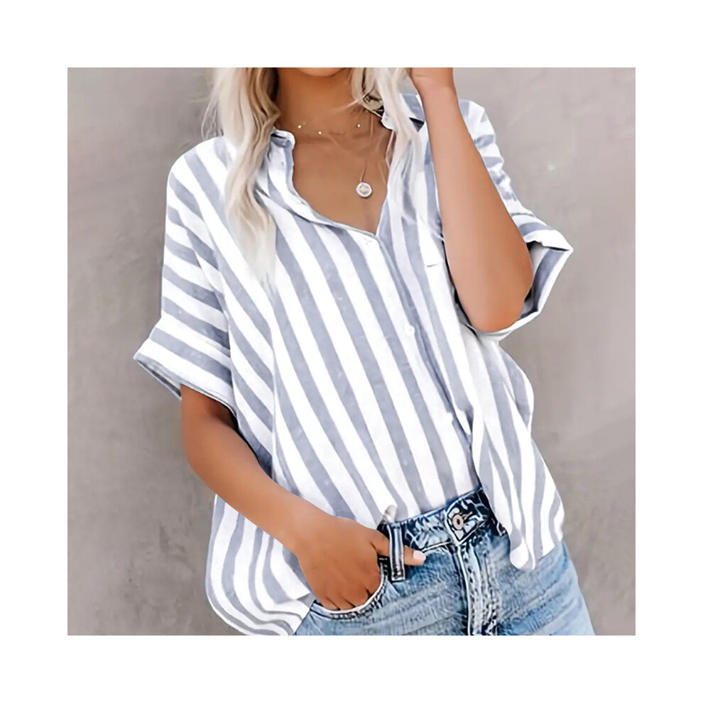 (Light Grey, L) Tops Casual Loose Striped Short-sleeve Shirt For Women Summer Fashion Button Elegant Office Holiday Top Shirts Womens Clothing