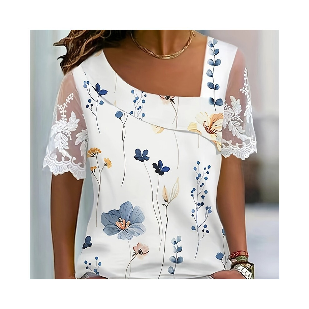 (print, L) Fashion White Lace Short Sleeve Tops Women T Shirt Summer Casual Buttons Office T-shirt Tshirt Top Femme