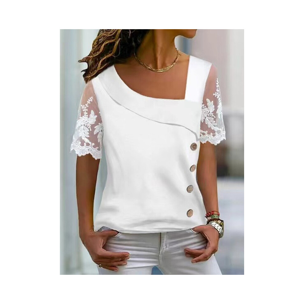(WHITE, XL) Fashion White Lace Short Sleeve Tops Women T Shirt Summer Casual Buttons Office T-shirt Tshirt Top Femme