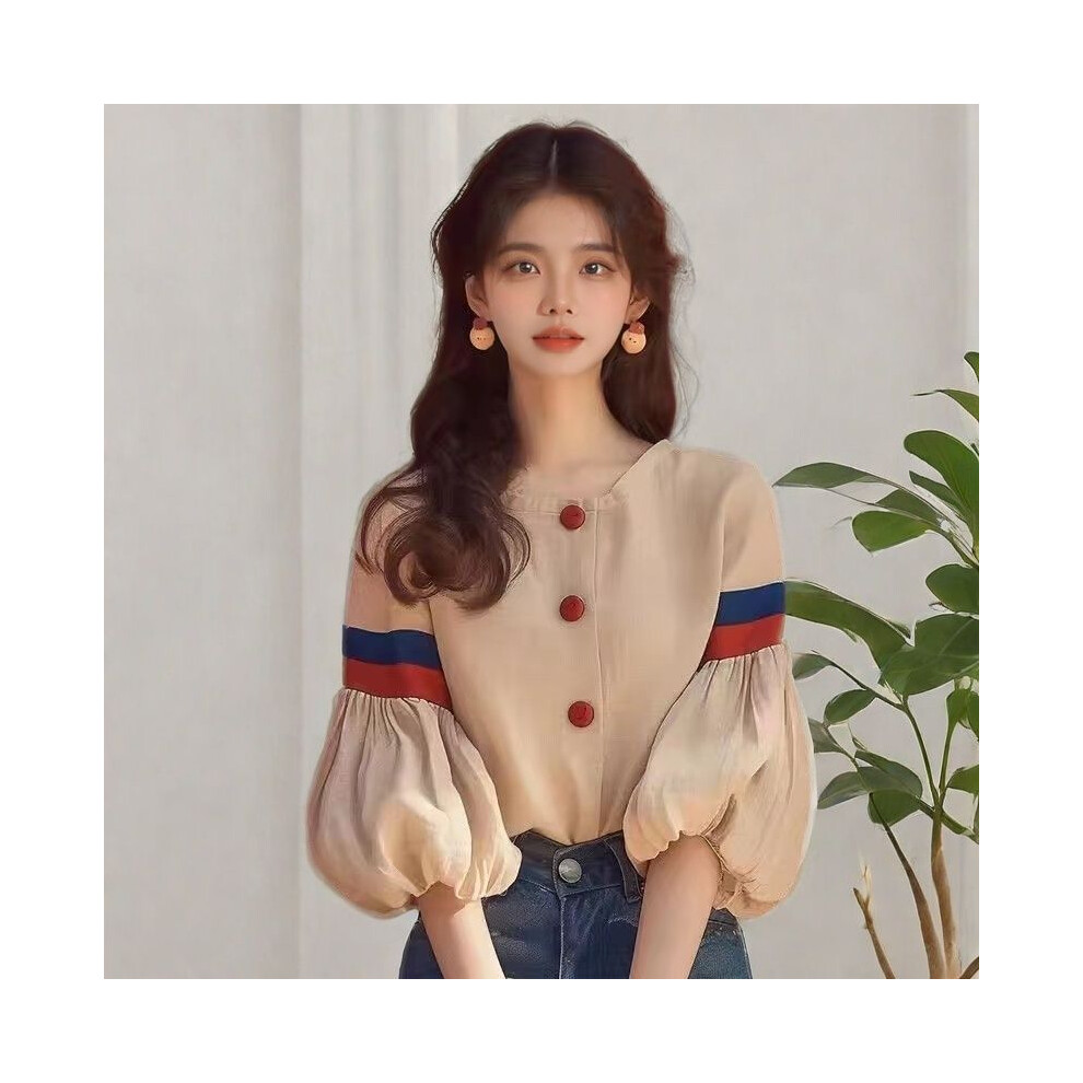 Maxpower (Beige, Xl) Spring Autumn French Fashion Apricot Lantern Sleeve Shirt Office Lady Elegant Chic Button Blouse Women Tops