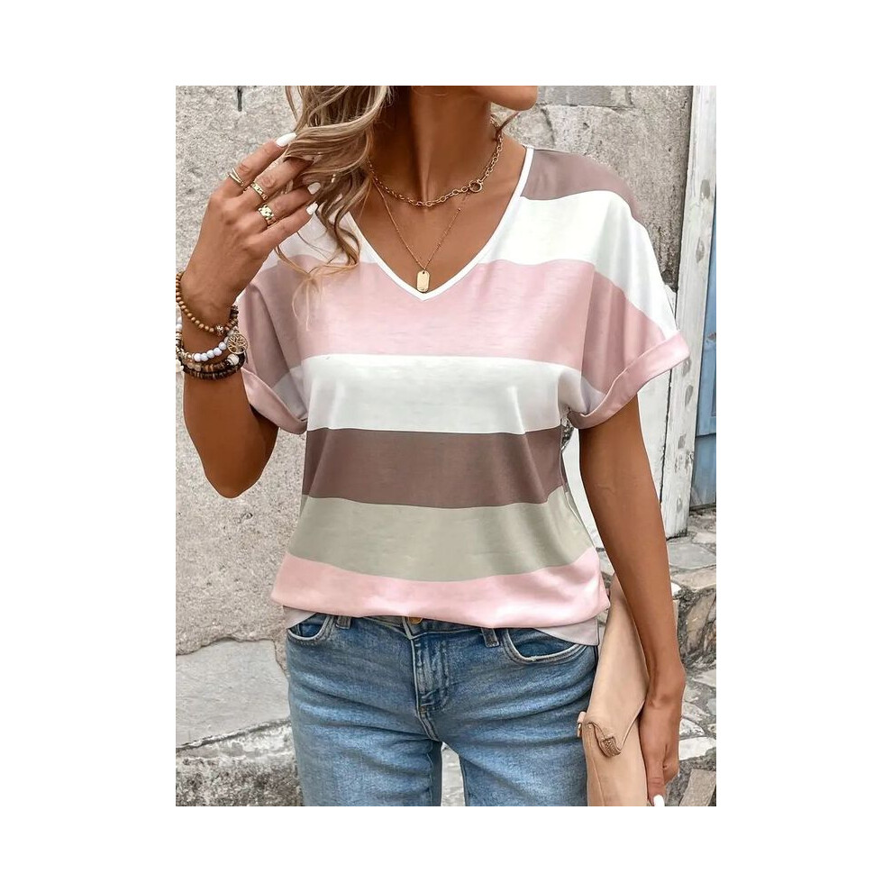 (C01-ST07930, 2XL) Summer Women's T Shirt Casual Short Sleeve Tee Retro Stripes Print V-Neck T-Shirts Fashion Street Female Oversized Clothing
