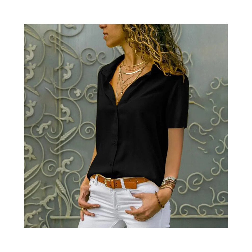(black, L) Women Solid White Blouse Tops Office Lady Work Chiffon Button Summer Short Sleeve Yellow Red Female Blouses Shirts Femme