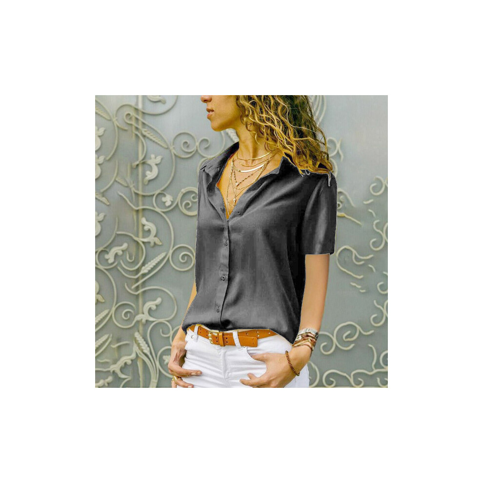 (GRAY, M) Women Solid White Blouse Tops Office Lady Work Chiffon Button Summer Short Sleeve Yellow Red Female Blouses Shirts Femme