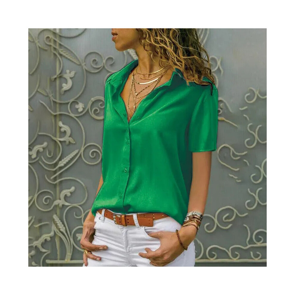 Maxpower (Green, Xxxl) Women Solid White Blouse Tops Office Lady Work Chiffon Button Summer Short Sleeve Yellow Red Female Blouses Shirts Femme