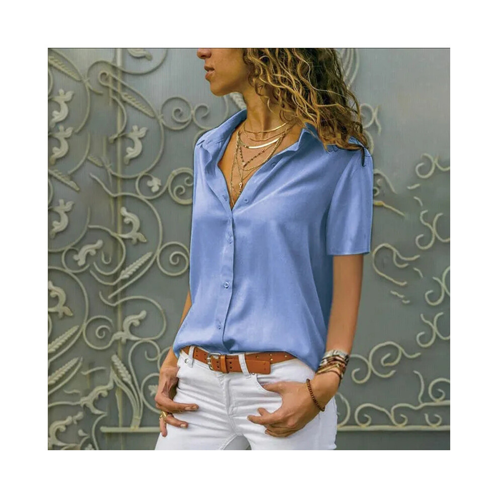 (Lake Blue, M) Women Solid White Blouse Tops Office Lady Work Chiffon Button Summer Short Sleeve Yellow Red Female Blouses Shirts Femme