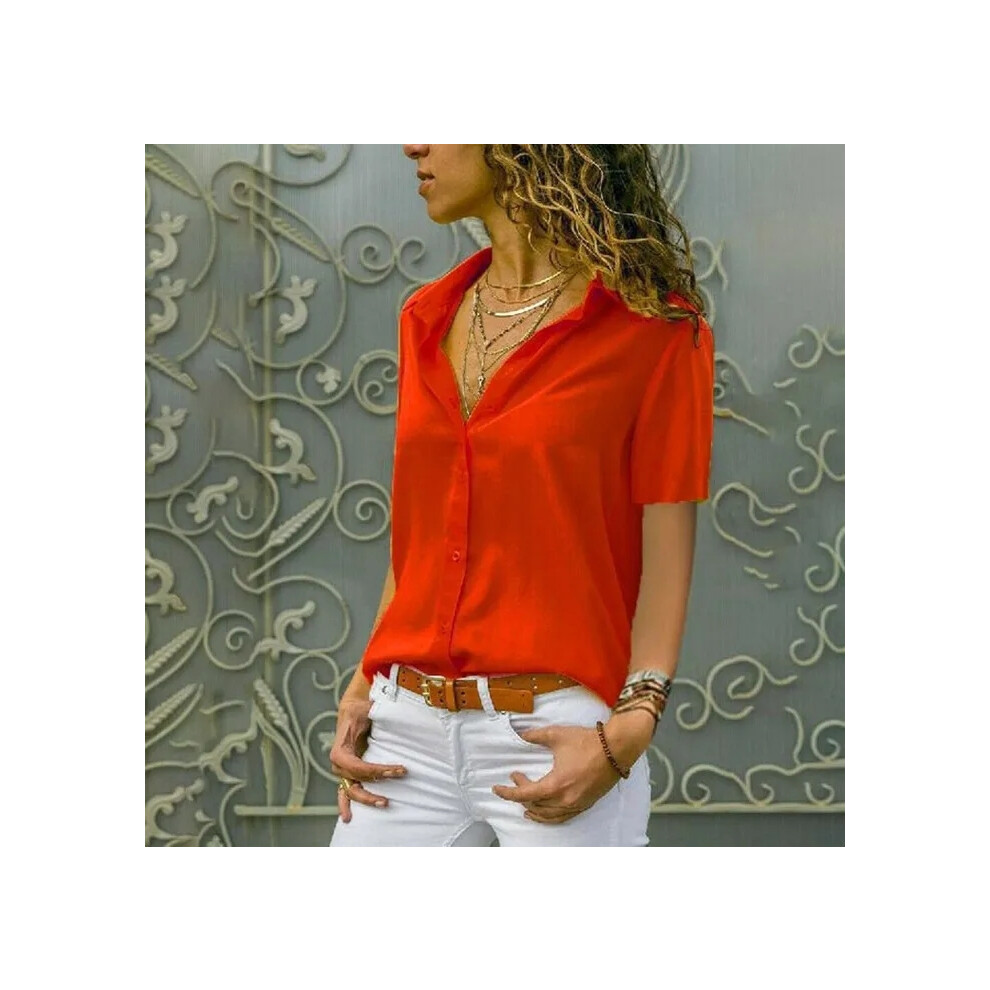 (Red, L) Women Solid White Blouse Tops Office Lady Work Chiffon Button Summer Short Sleeve Yellow Red Female Blouses Shirts Femme
