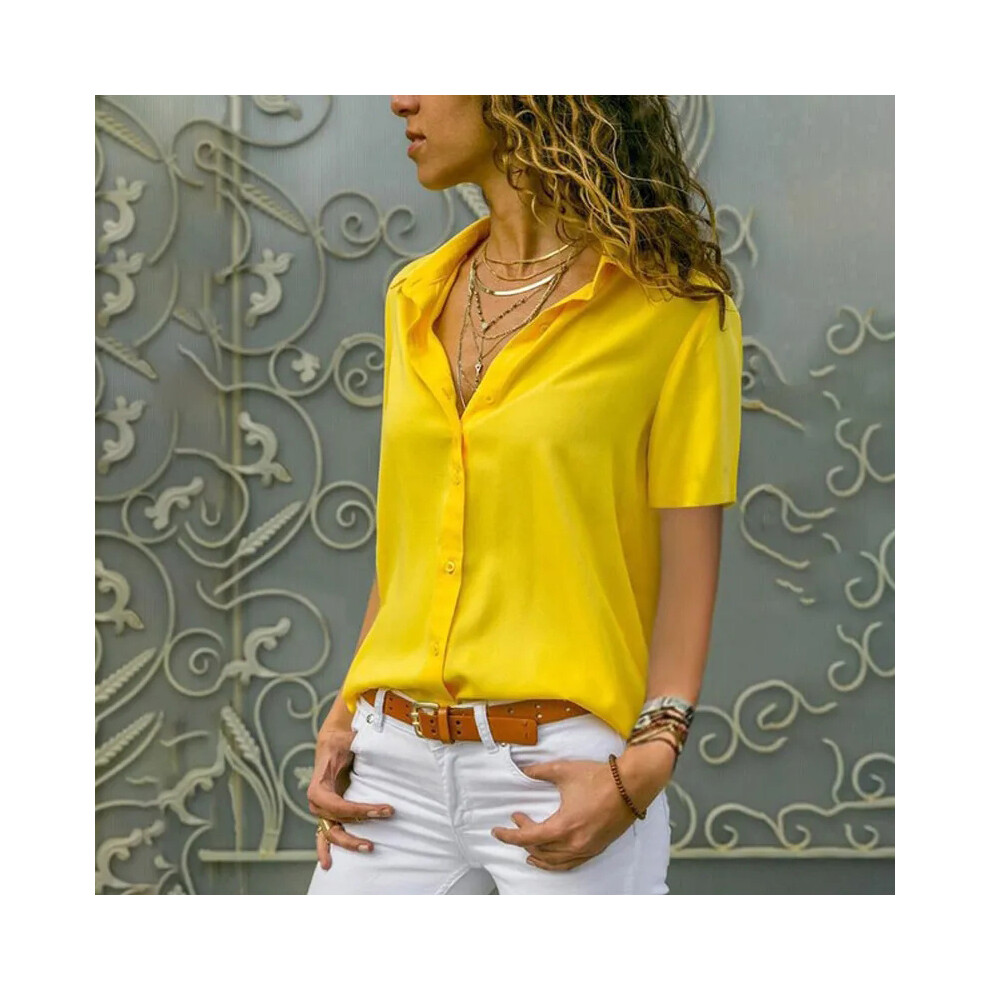 Maxpower (Yellow, M) Women Solid White Blouse Tops Office Lady Work Chiffon Button Summer Short Sleeve Yellow Red Female Blouses Shirts Femme