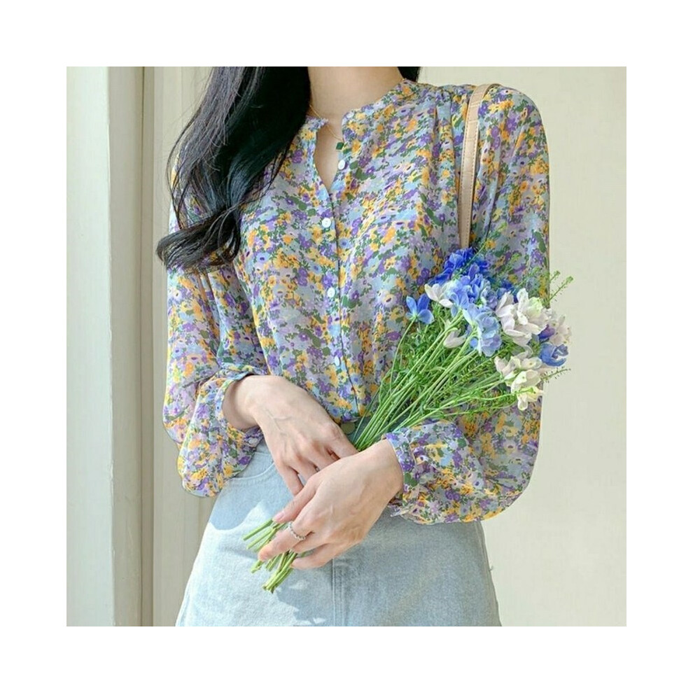 (Light Green, S) Women Elegant Print Chiffon Blouse Spring Summer Casual Long Sleeve V Neck Loose Shirt Office Lady Button Sweet Tops