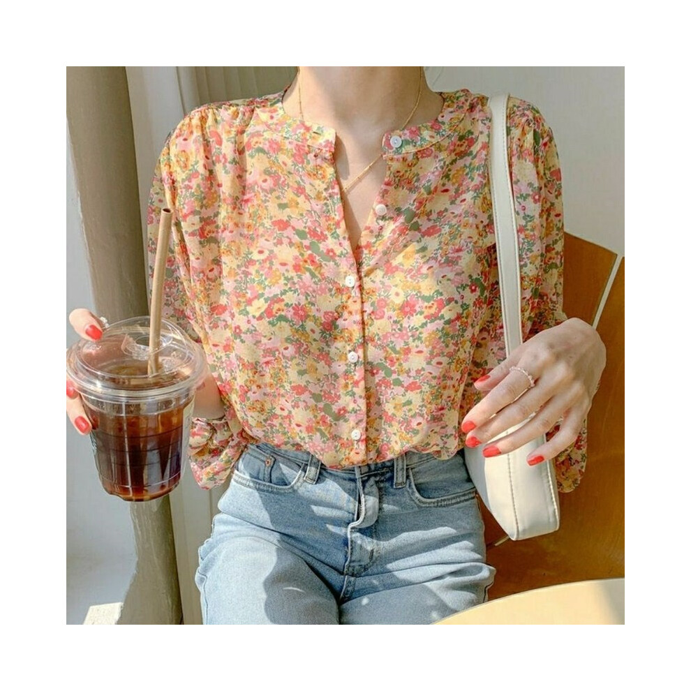 (Orange, M) Women Elegant Print Chiffon Blouse Spring Summer Casual Long Sleeve V Neck Loose Shirt Office Lady Button Sweet Tops