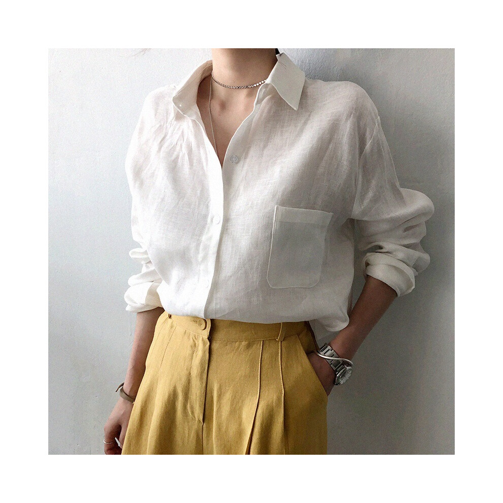 (White, L) Casual Long Sleeve Cotton Linen Shirt Vintage Harajuku Loose Blouses or Tops for Woman Long Sleeve Elegant Basic Tunics 2022