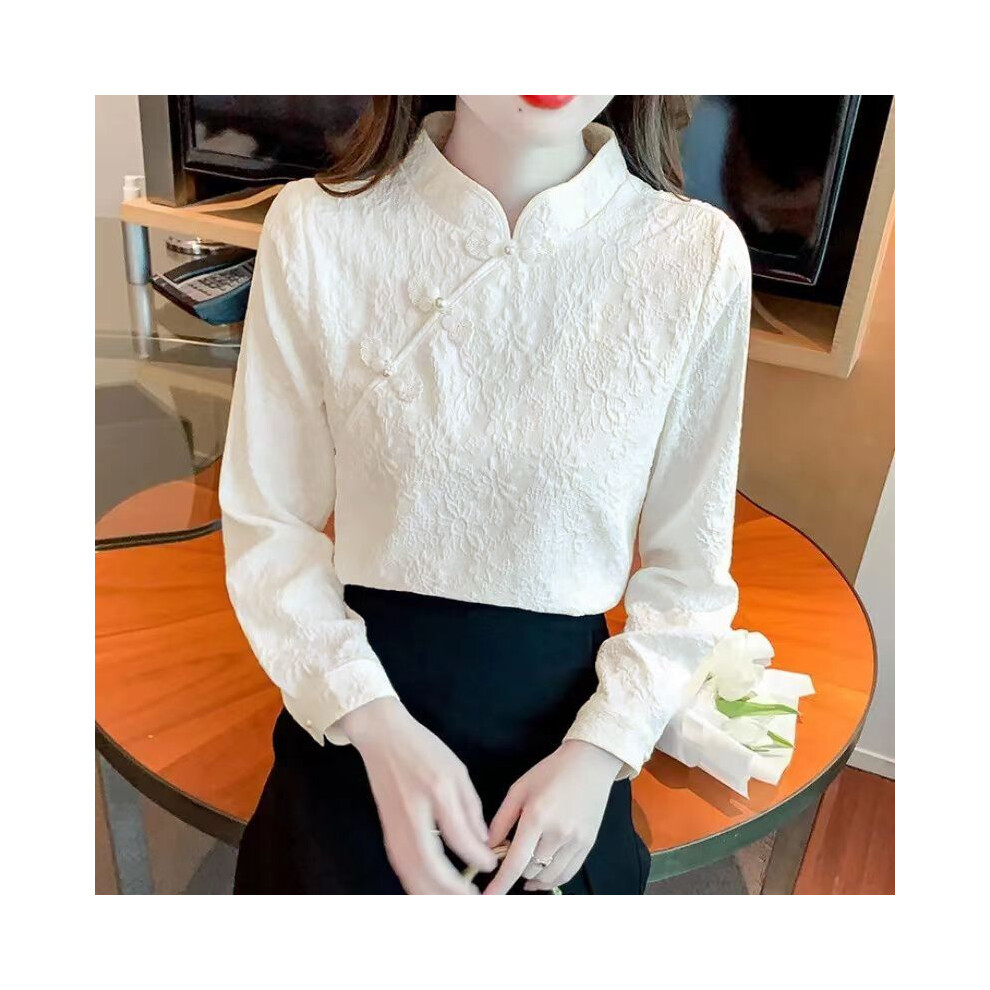 Maxpower (Apricot, L) Retro Buttoned Long-Sleeved Shirt For Women Spring New Style New Chinese Style Inner Bottoming Shirt Fashionable Temperament