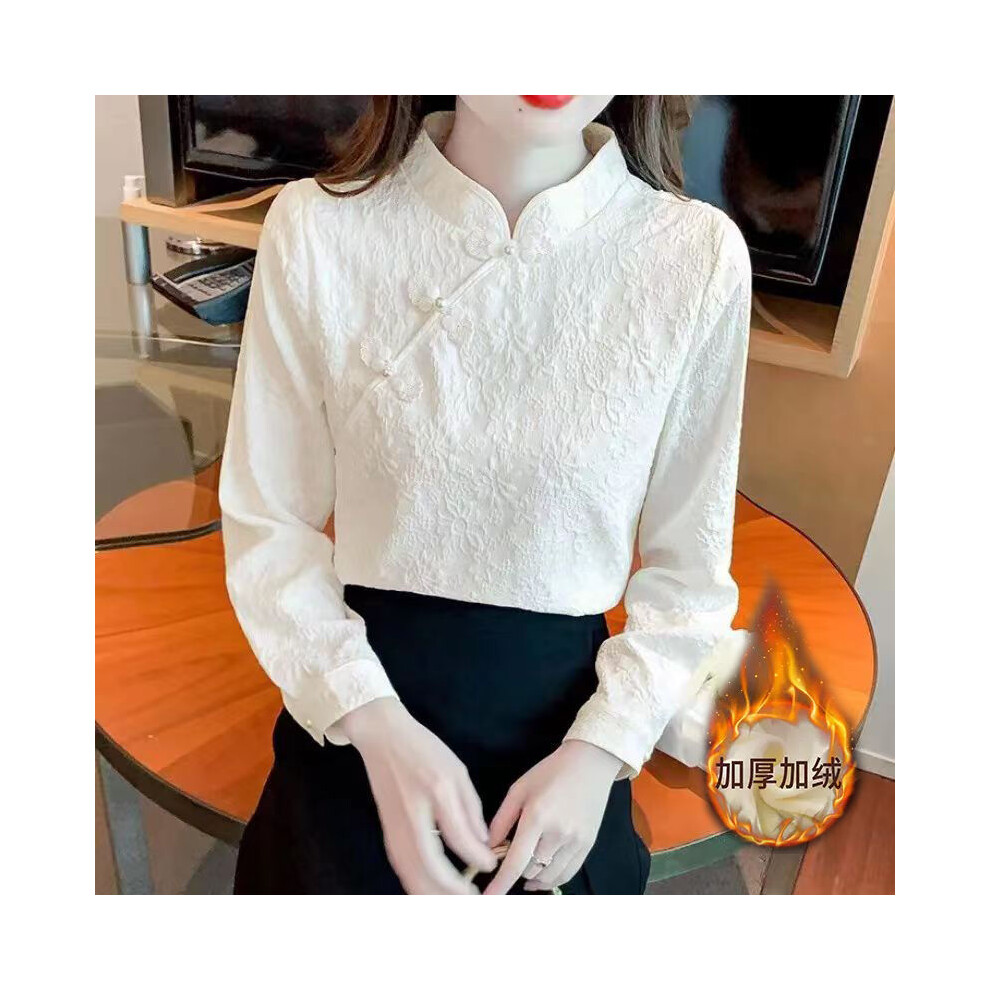 Maxpower (Apricot Thick, Xxl) Retro Buttoned Long-Sleeved Shirt For Women Spring New Style New Chinese Style Inner Bottoming Shirt Fashionable Temperament