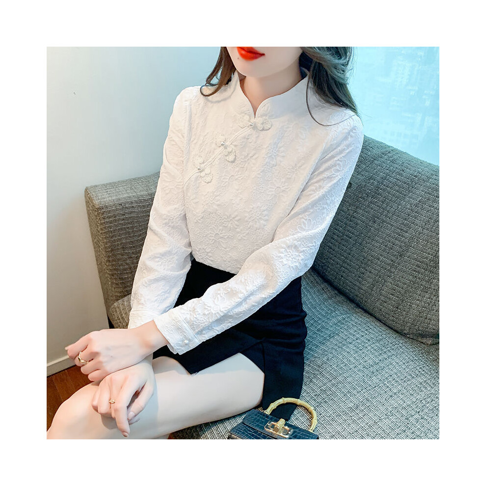 Maxpower (White, M) Retro Buttoned Long-Sleeved Shirt For Women Spring New Style New Chinese Style Inner Bottoming Shirt Fashionable Temperament