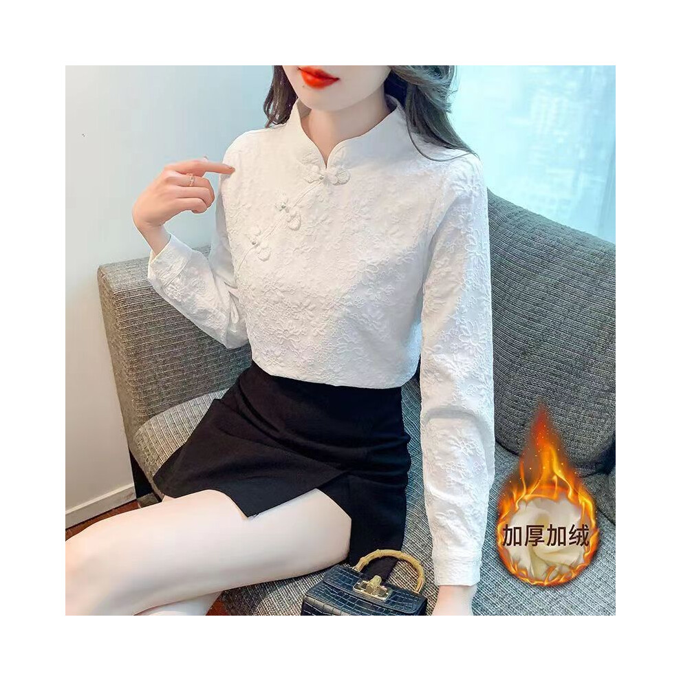 Maxpower (White Thick, Xxxl) Retro Buttoned Long-Sleeved Shirt For Women Spring New Style New Chinese Style Inner Bottoming Shirt Fashionable Temperament