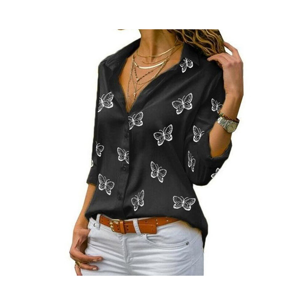 Maxpower (, Xxxl) Women Long Sleeve Blouse Oversized Spring Autumn Turn Down Collar Loose Office Lady Casual Butterfly Printing Basic Black