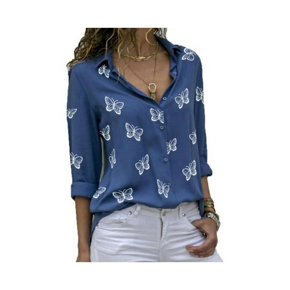 Maxpower (, Xxxl) Women Long Sleeve Blouse Oversized Spring Autumn Turn Down Collar Loose Office Lady Casual Butterfly Printing Basic Blue