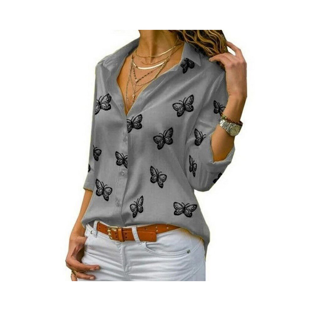 Maxpower (, 4XL) Women Long Sleeve Blouse Oversized Spring Autumn Turn Down Collar Loose Office Lady Casual Butterfly Printing Basic Gray