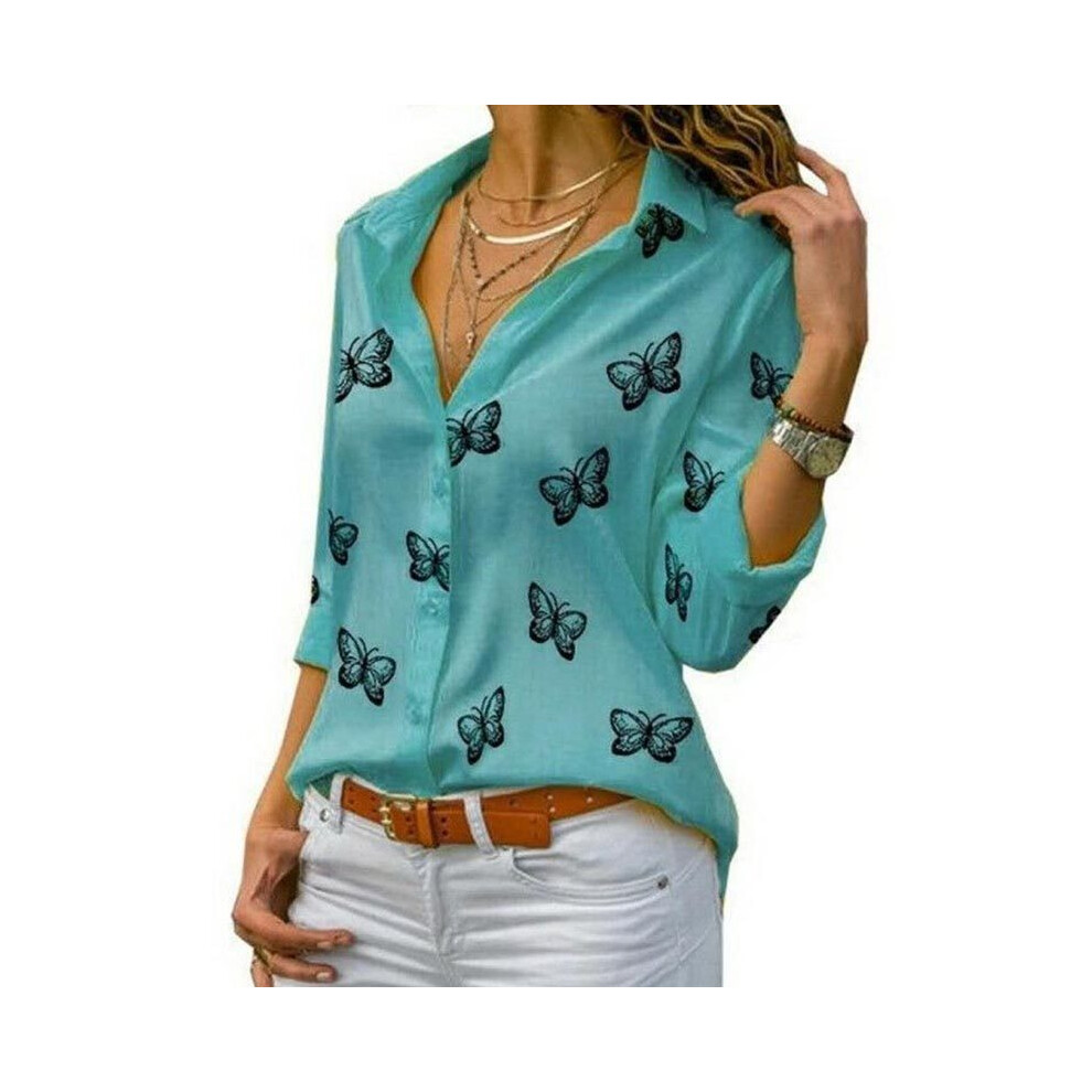 Maxpower (Light Xxxl) Women Long Sleeve Blouse Oversized Spring Autumn Turn Down Collar Loose Office Lady Casual Butterfly Printing Basic Green