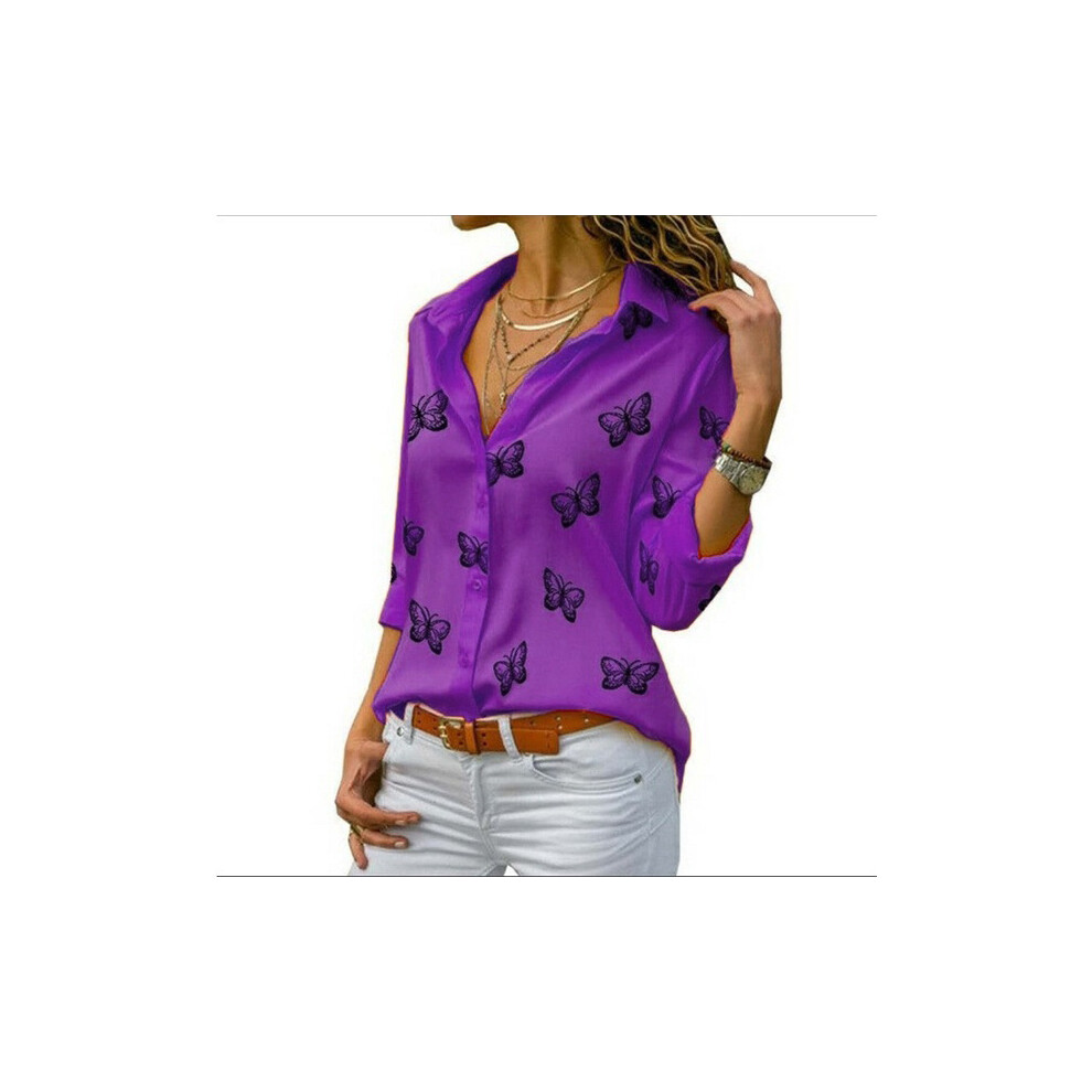 Maxpower (, Xl) Women Long Sleeve Blouse Oversized Spring Autumn Turn Down Collar Loose Office Lady Casual Butterfly Printing Basic Purple